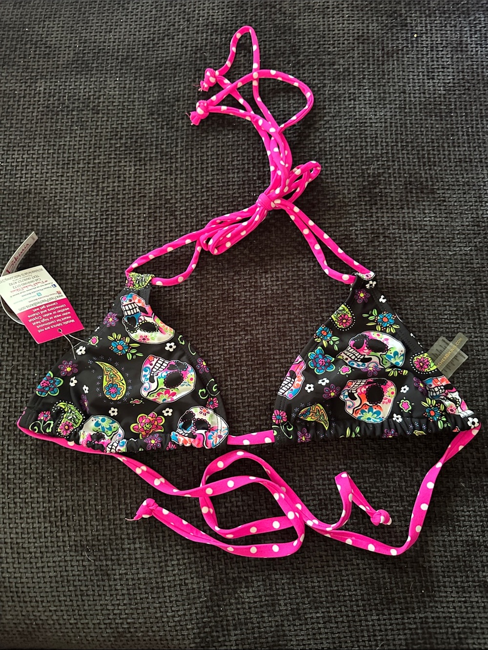 Pink Polka Dot Trim Black Sugar Skull Triangle Bikini Top